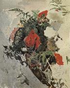 Mikhail Vrubel Red Flowers and Begonia Leaves in a basket painting
